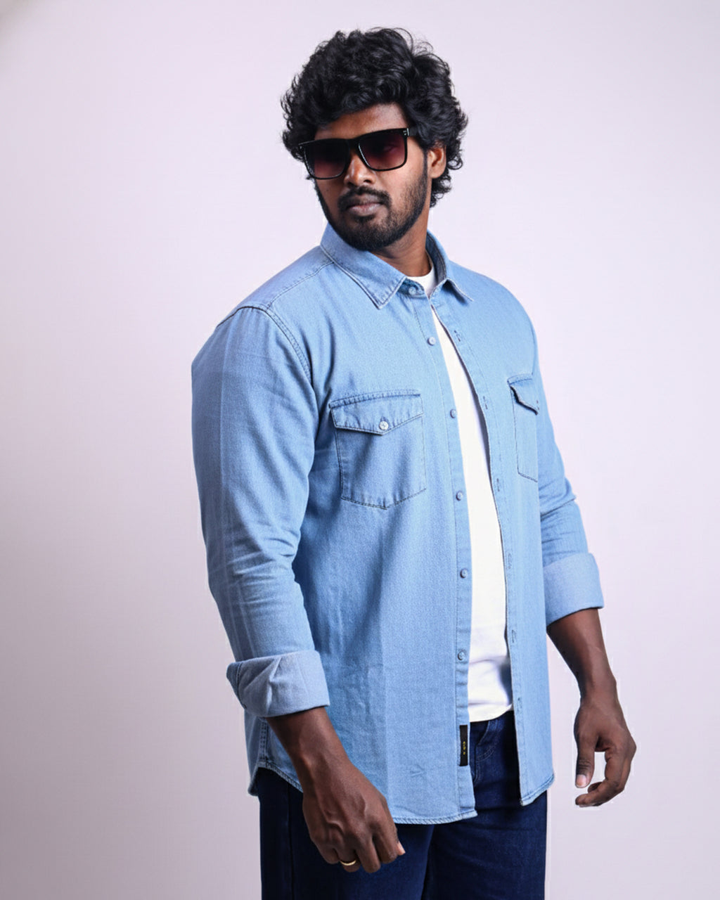 Men's Slim Fit Double Pocket Denim Shirts Light Blue