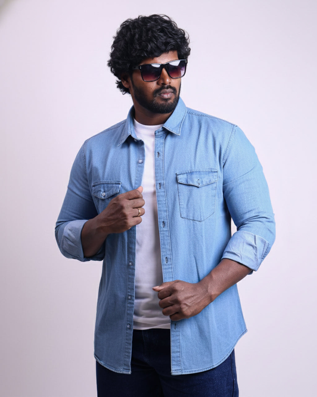 Men's Slim Fit Double Pocket Denim Shirts Light Blue