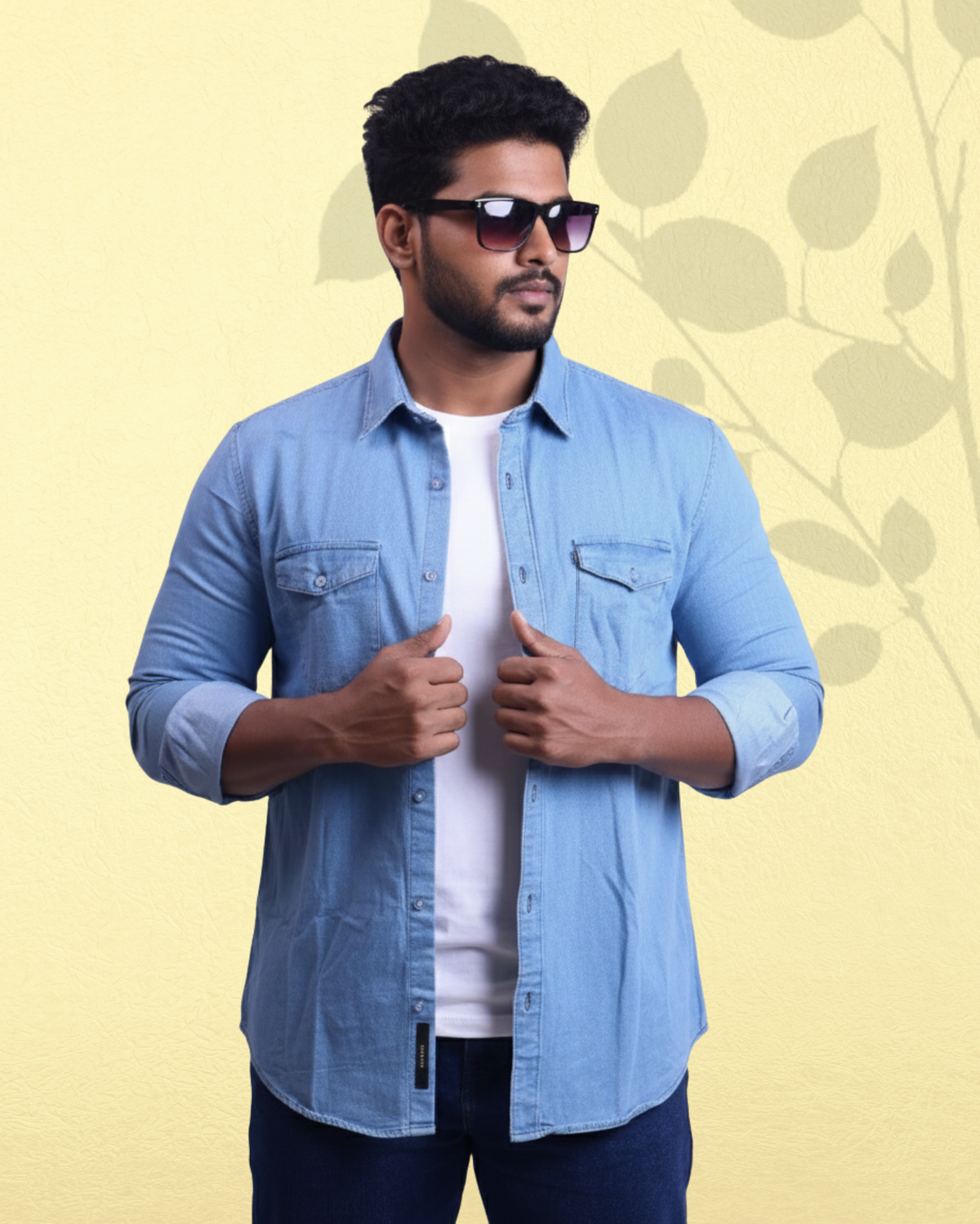 Men's Slim Fit Double Pocket Denim Shirts Light Blue